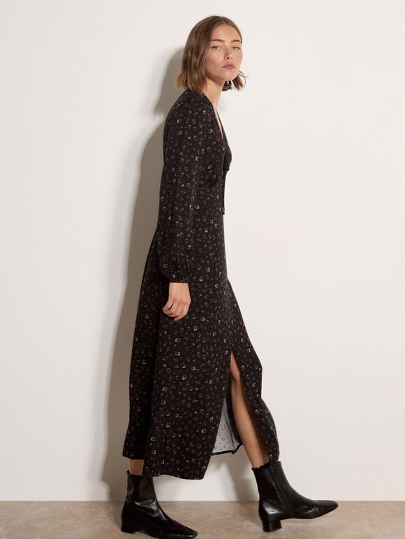 Floral Print Midi Tea Dress, Black, large