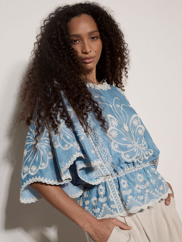 Floral Embroidered Boho Blouse, Blue, large