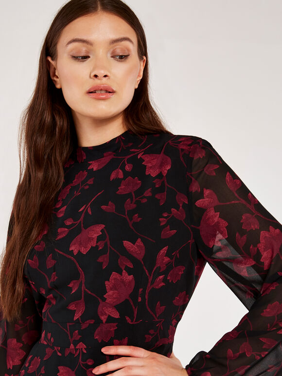 Silhouette Branches Chiffon Dress, Black, large