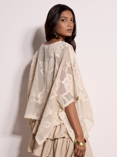 Cotton-Blend Mesh Floral Embroidered Top