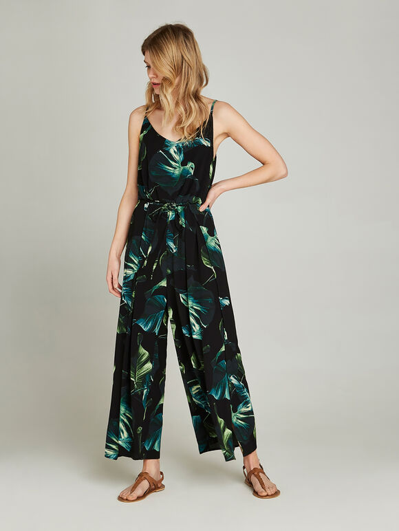 Banana Leaf Print Jumpsuit, Black, large
