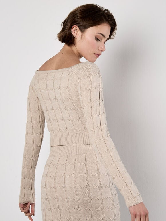 Cable Knit Cropped Jumper, Stone, large