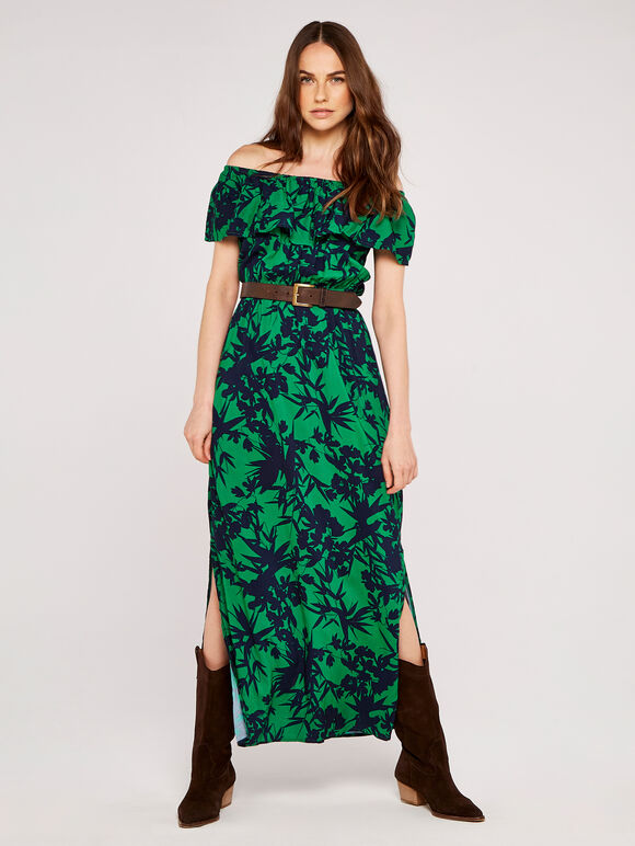 Tropical Silhouette Print Bardot Dress, Green, large