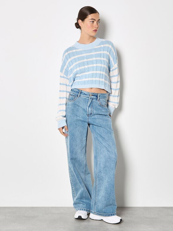 Contrast Stripe Cropped Jumper, Sky Blue, large