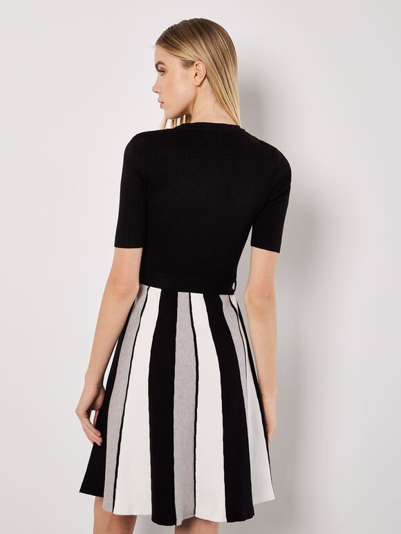 Monochrome Stripe Knitted Mini Dress, Black, large