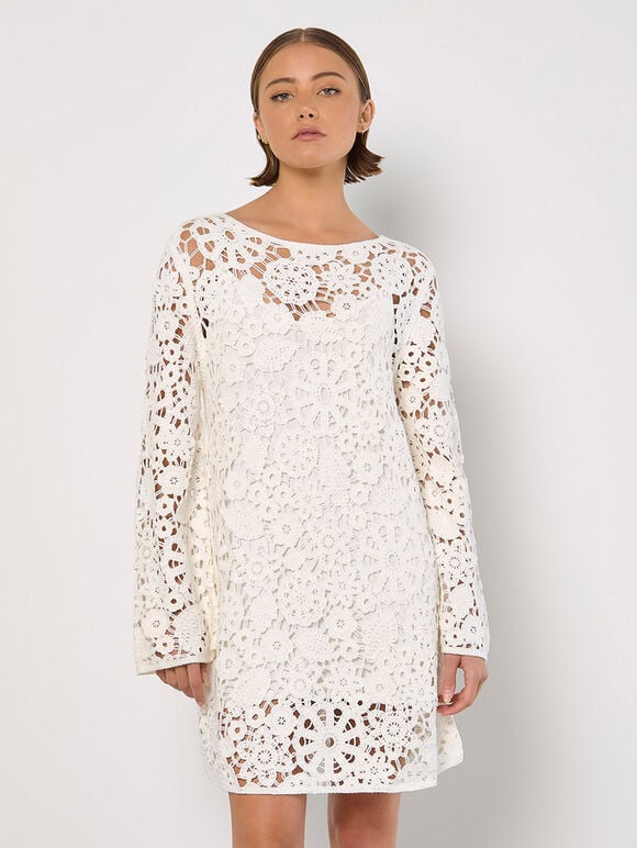 Floral Crochet Shift Mini Dress, White, large