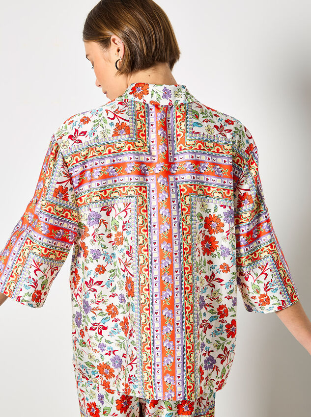 Floral Scarf Print Satin Shirt, Orange, large