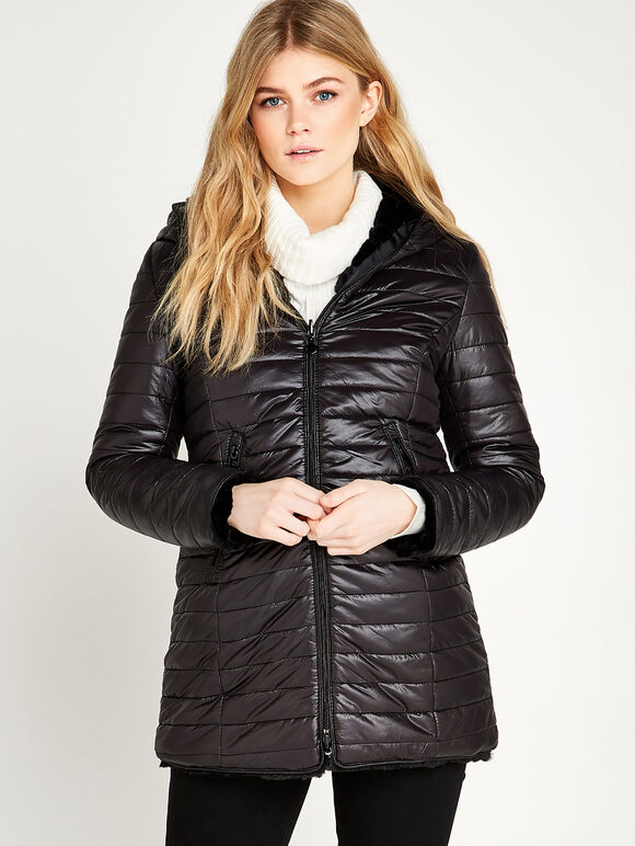 Reversible Faux Fur Puffa Jacket, Black, large
