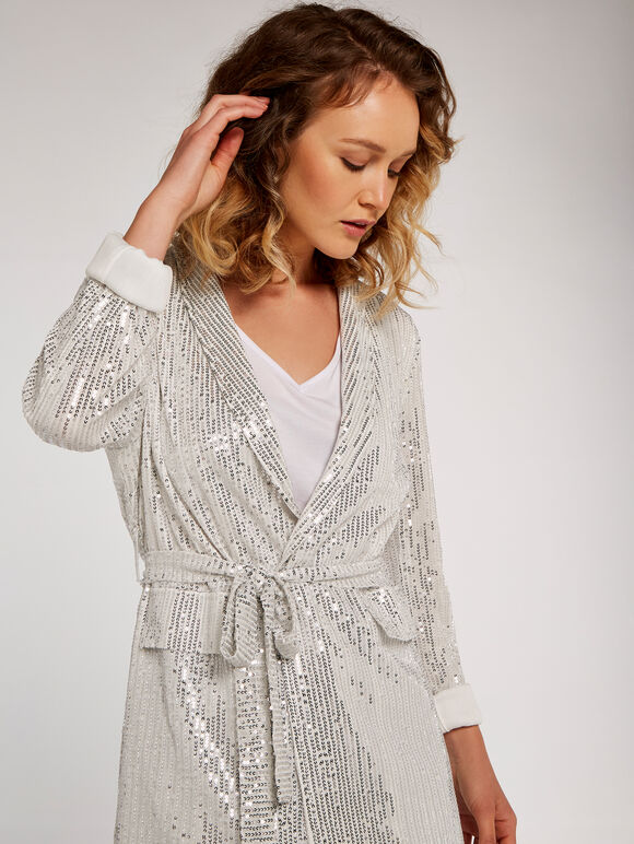 Sequin Belt Blazer, Light Grey / Silver, large