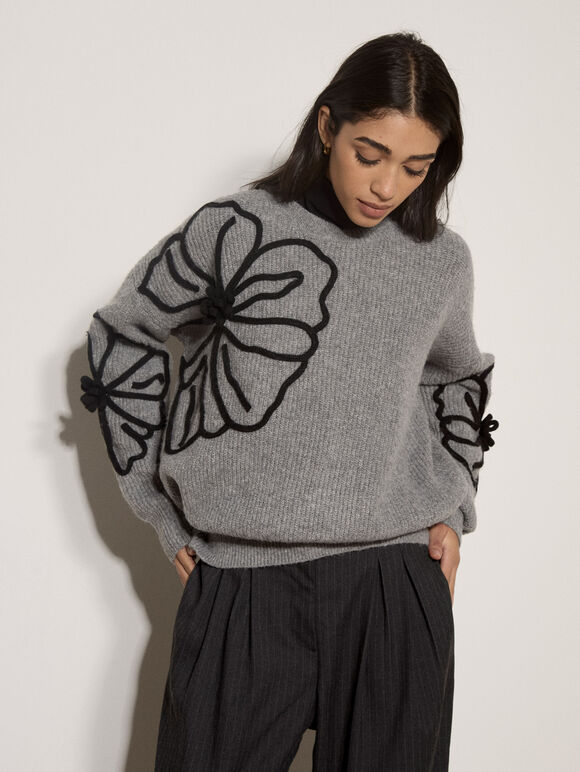 Floral Cornelli Embroidered Jumper, Grey, large