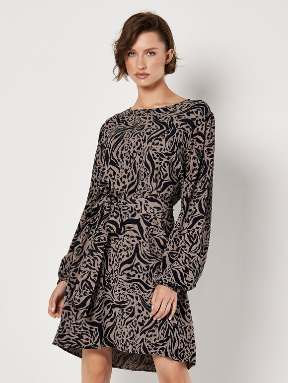 Mixed Animal Print Shift Mini Dress, Grey, large