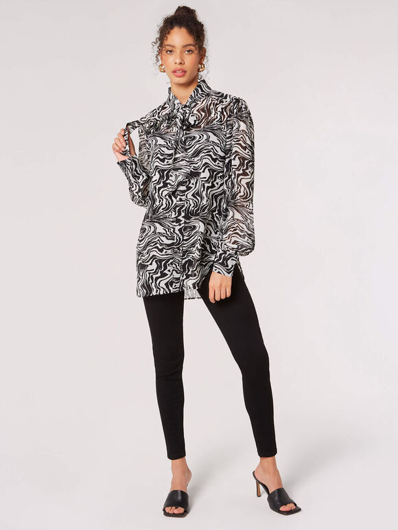 Painterly Marble Neck Tie Blouse, Black, large