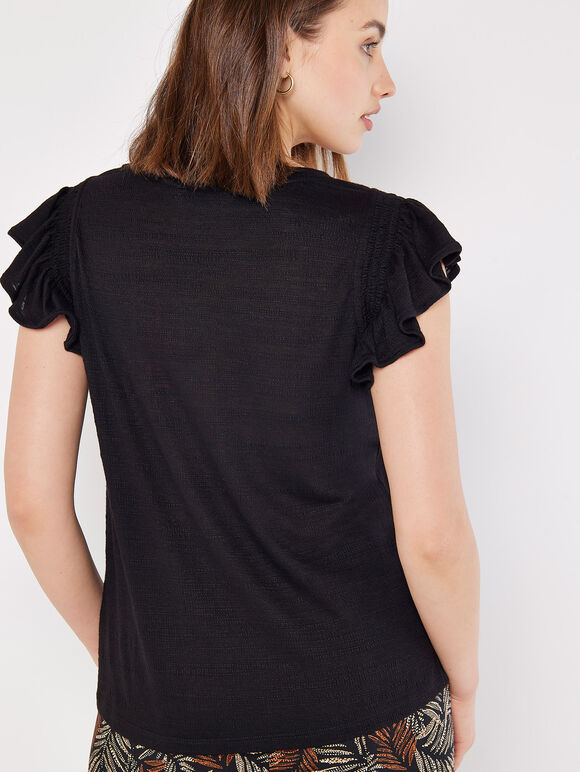 Soft Slub Ruffle Sleeve T-Shirt, Black, large