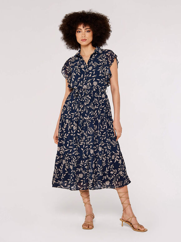 Ruffle Sleeve Midi Dress, Navy, large