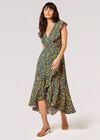 Ditsy Floral Ruffle Wrap Midi Dress, Green, large