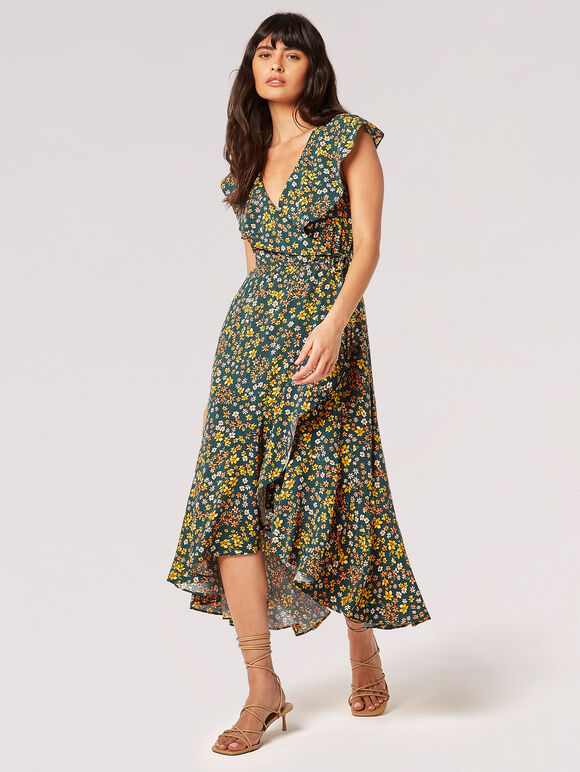 Ditsy Floral Ruffle Wrap Midi Dress, Green, large