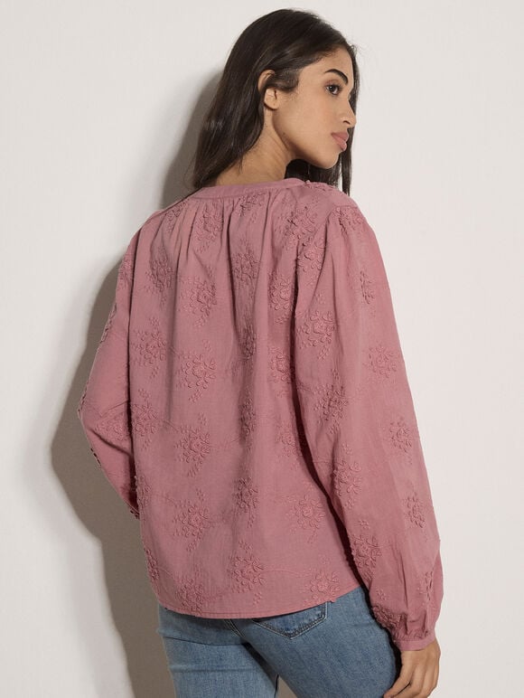 Floral Embroidered Cotton Blouse, Pink, large