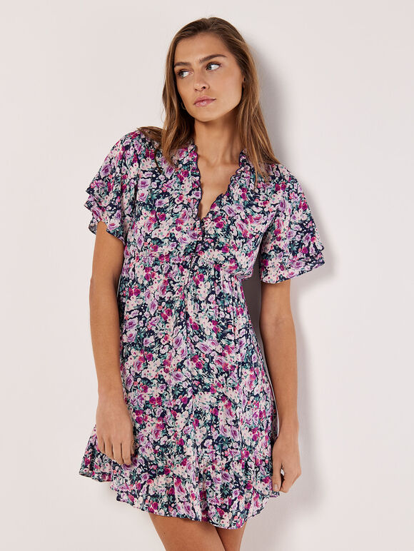 Painterly Floral Mini Dress, Navy, large