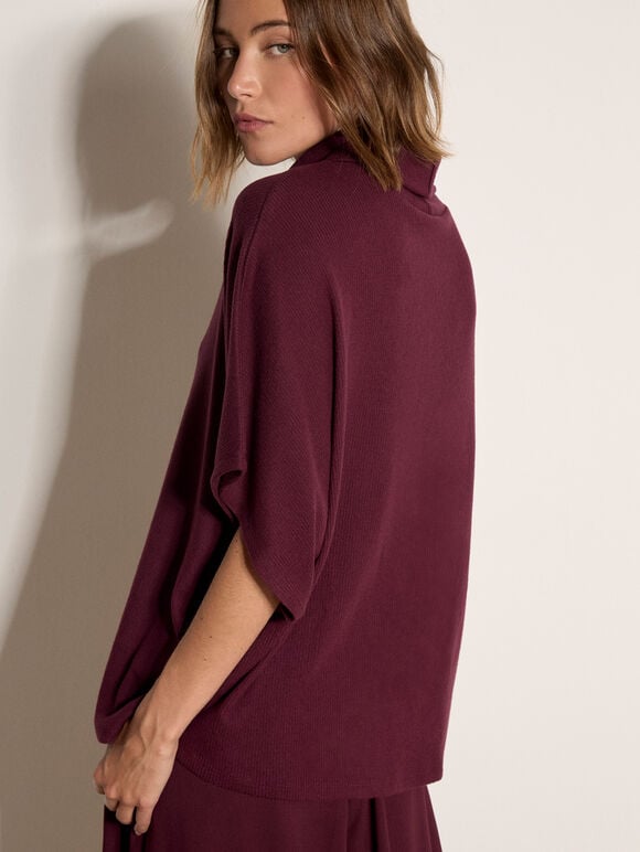 Roll Neck Ribbed Cape, Burgundy, large