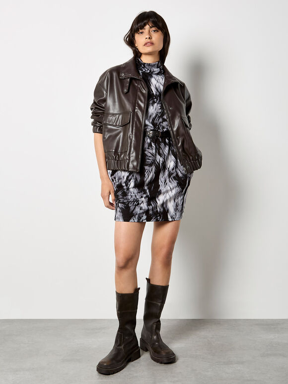 Feather Print Jersey Cocoon Mini Dress, Grey, large