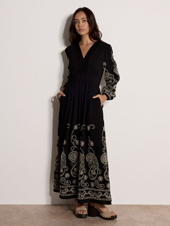 Paisley Embroidered Maxi Dress, Black, large