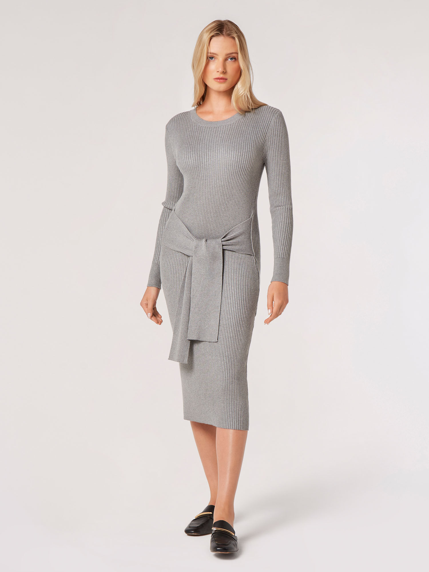 Ribbed Knit Bodycon Midi Dress Apricot Clothing