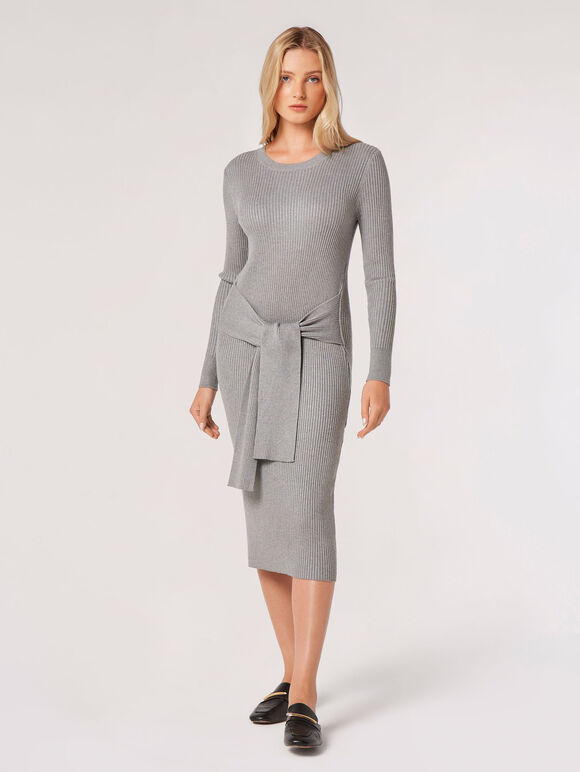 Robe midi moulante en tricot côtelé, Gris, grand