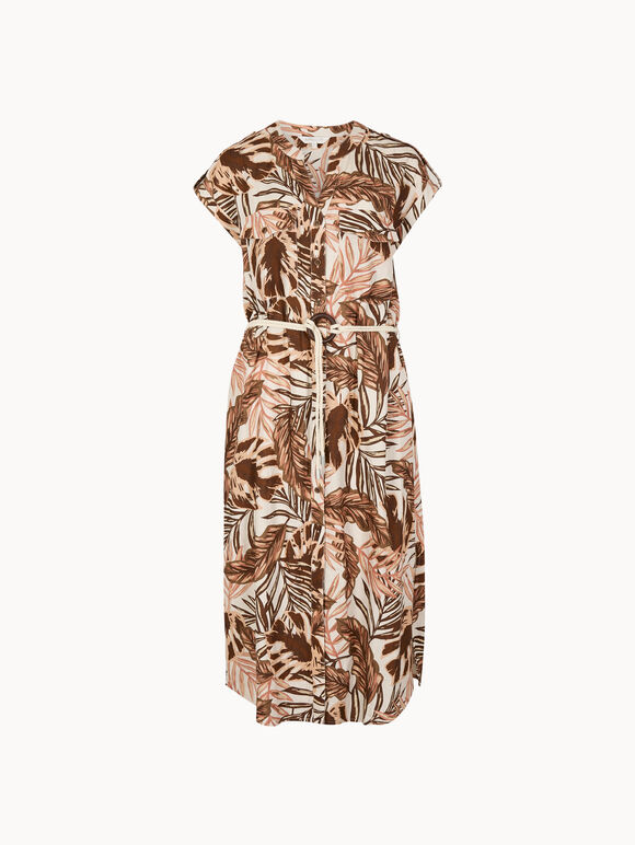 Tropical Leaf Shirt Midi Dress, Brown, large