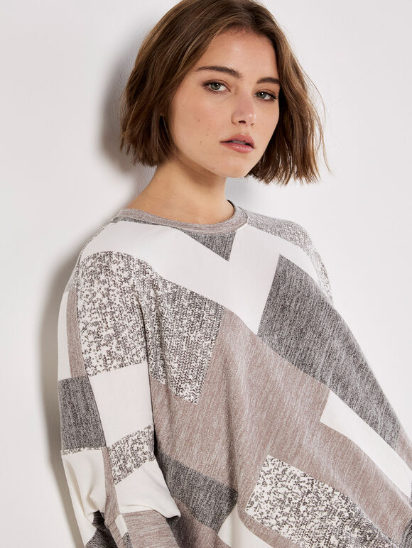 Batwing Geometric Jersey Top, Brown, large