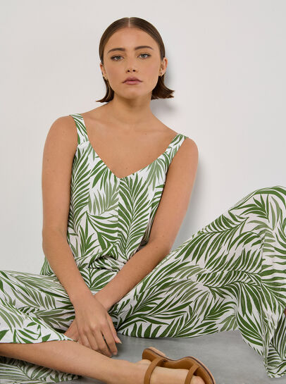 Leaf Print Wide Leg Jumpsuit