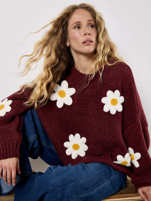 Embroidered Daisy Jumper, Burgundy, large