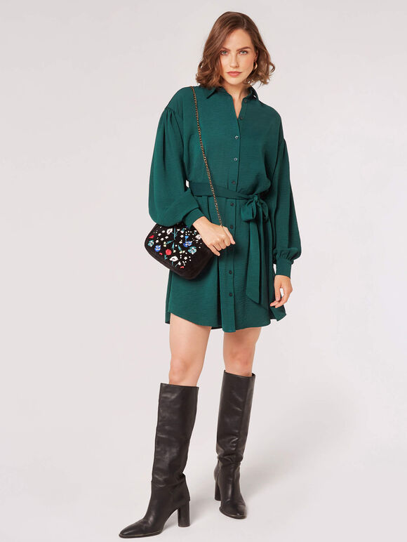 Volume Sleeve Shirt Mini Dress, Green, large