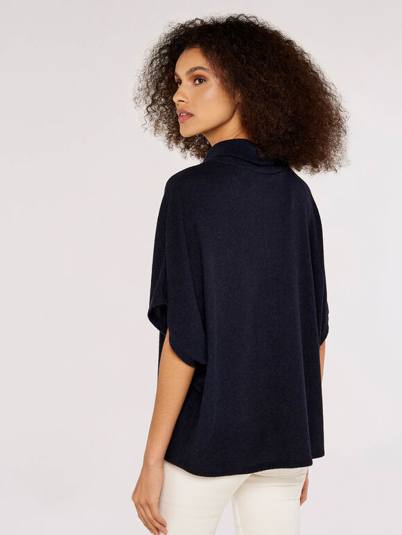 Roll Neck Ribbed Cape, Navy, large
