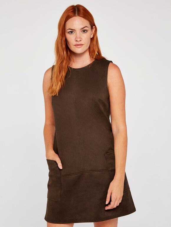 Suedette 2 Patch Pocket Shift Dress, Brown, large