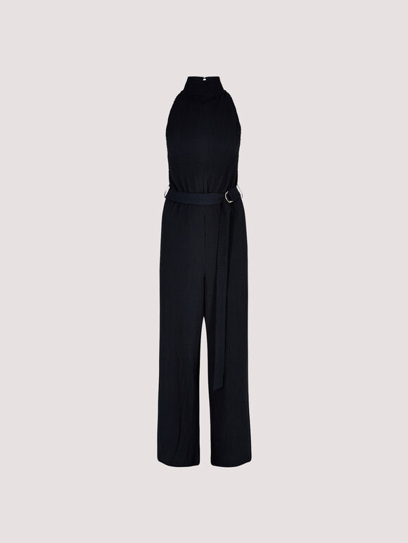 Waffle Halter Neck Jumpsuit, Black, large