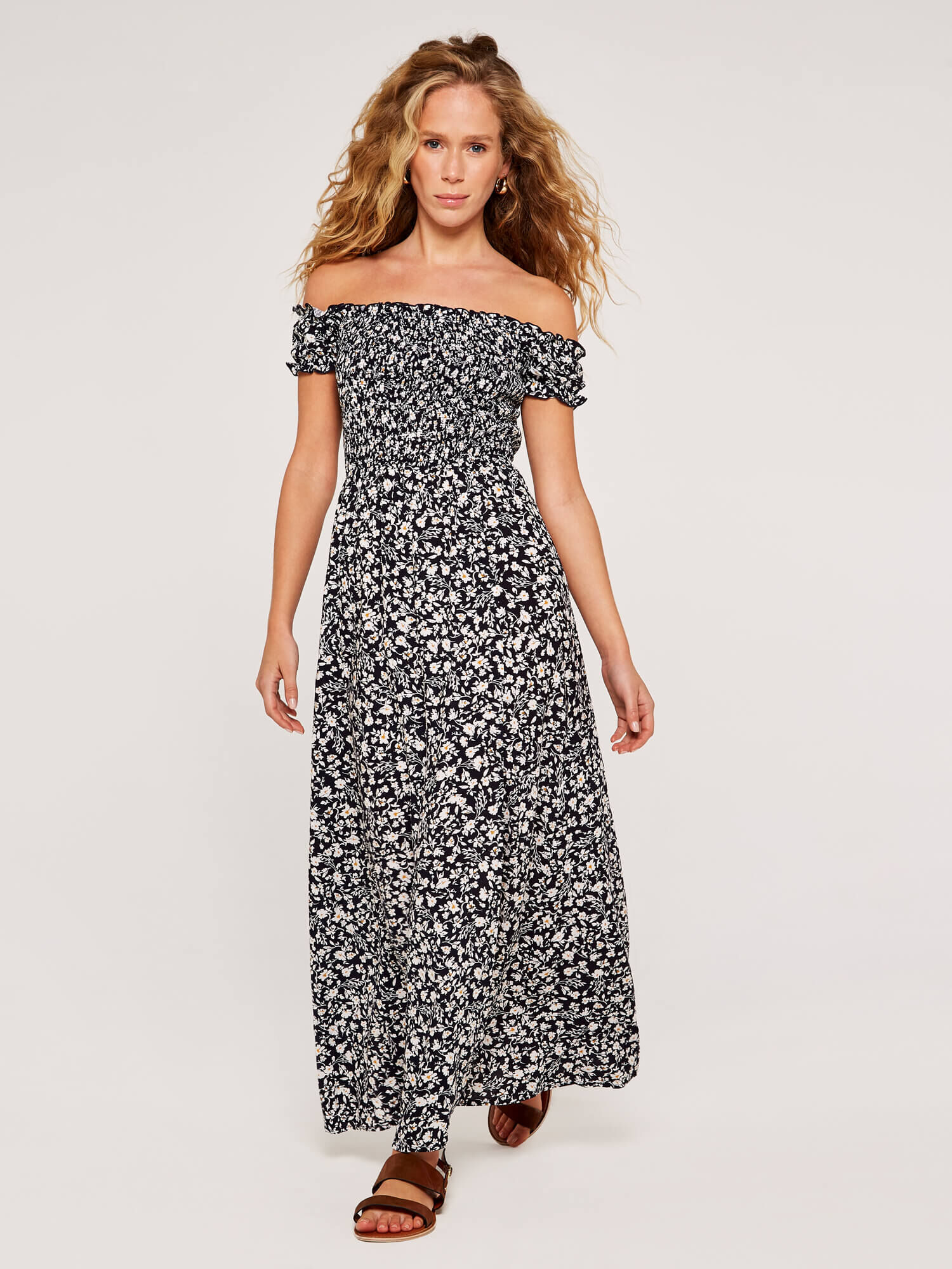 Floral Shirred Maxi Dress Apricot Clothing