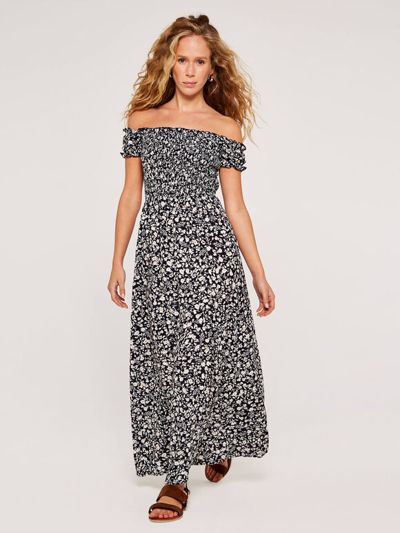 Floral Shirred Maxi Dress, Navy, large