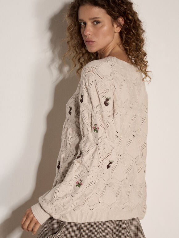 Pointelle Knit Floral Embroidered Jumper, Stone, large