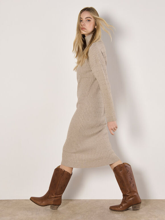 Roll Neck Kntted Midi Dress, Stone, large