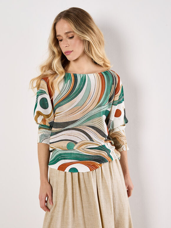 Swirl Print Shimmer Knit Top, Green, large
