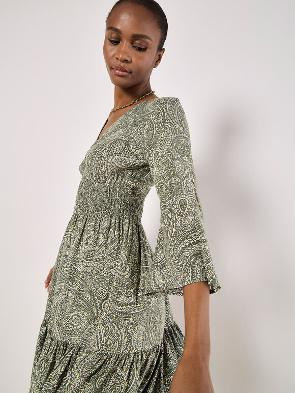 Metallic Dobby Paisley Mini Dress, Khaki, large