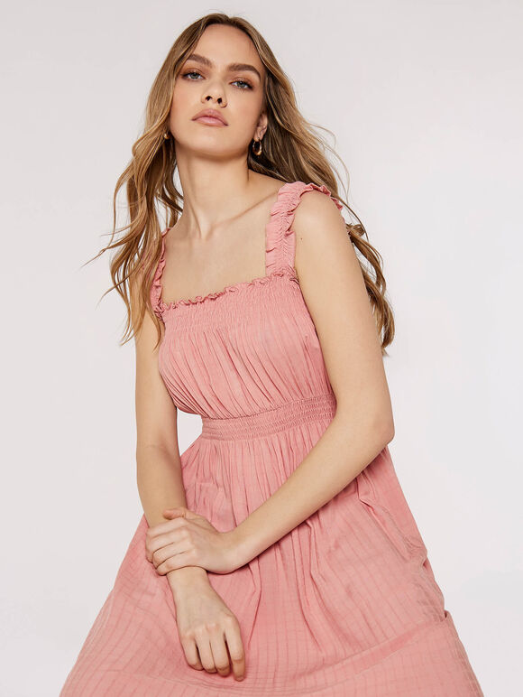 Check Smocked Midi Dress, Pink, large