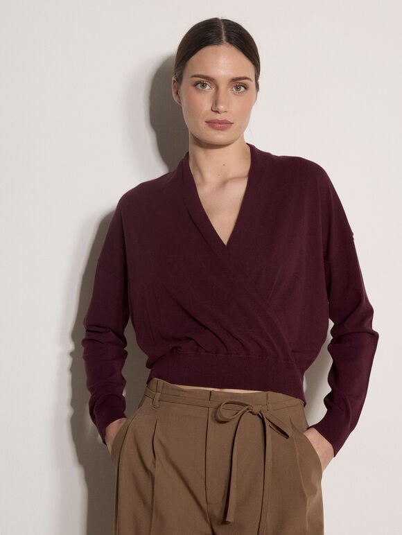 Soft Fine Knit Wrap Jumper, Burgundy, large