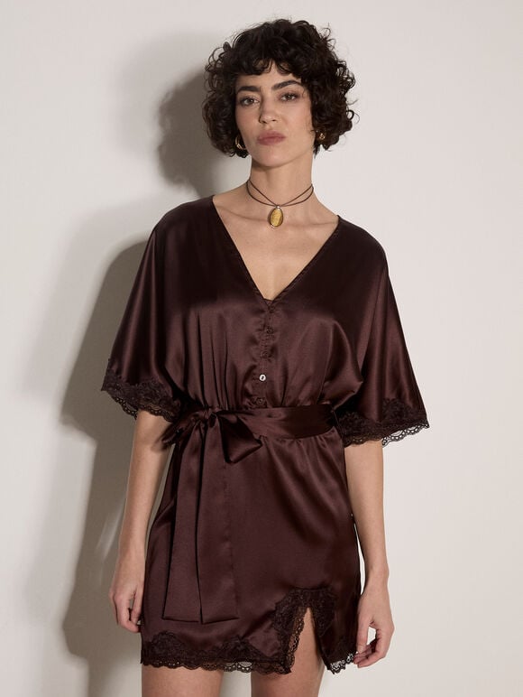 Lace Kimono Satin Mini Dress, Brown, large