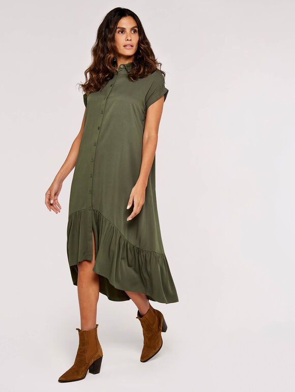 Boxy Tiered Midi Dress, Khaki, large