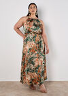 Tropical Leaf Satin Midi Dress, Khaki, large