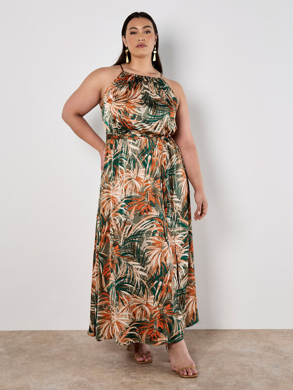 Tropical Leaf Satin Midi Dress, Khaki, large