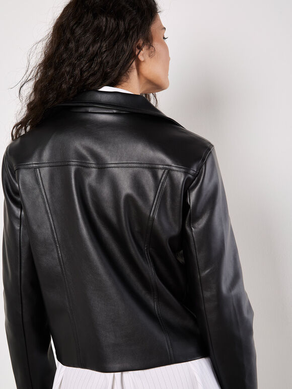 Faux Leather Biker Jacket, Black, large