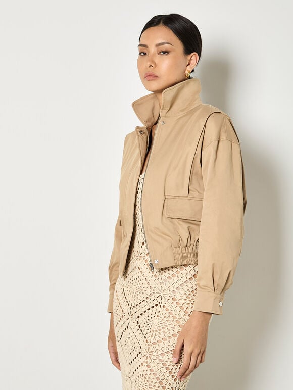 Pleat Detail Bomber Jacket, Stone, large