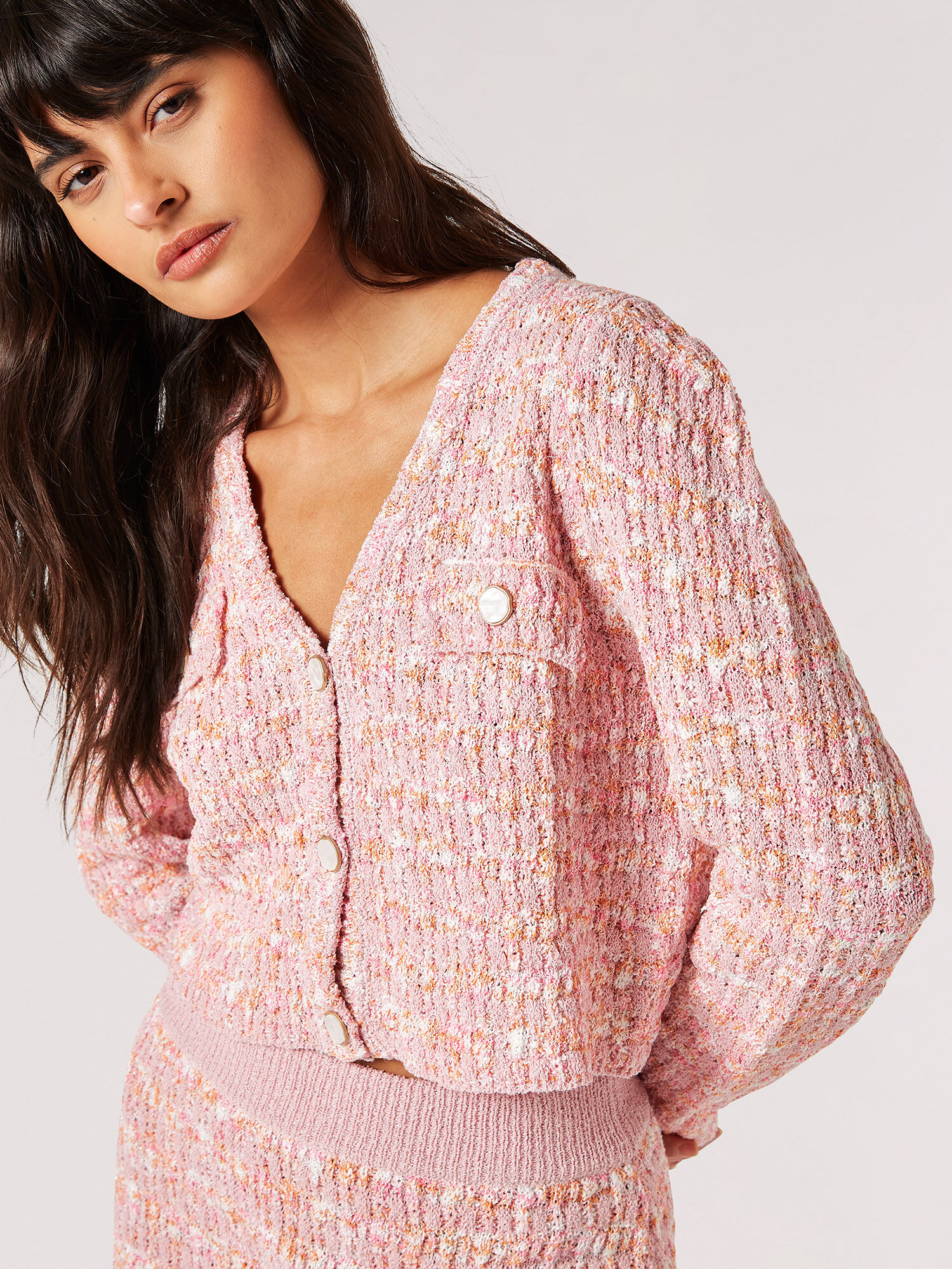 Multi Coloured Marl Knit Cardigan Apricot Clothing